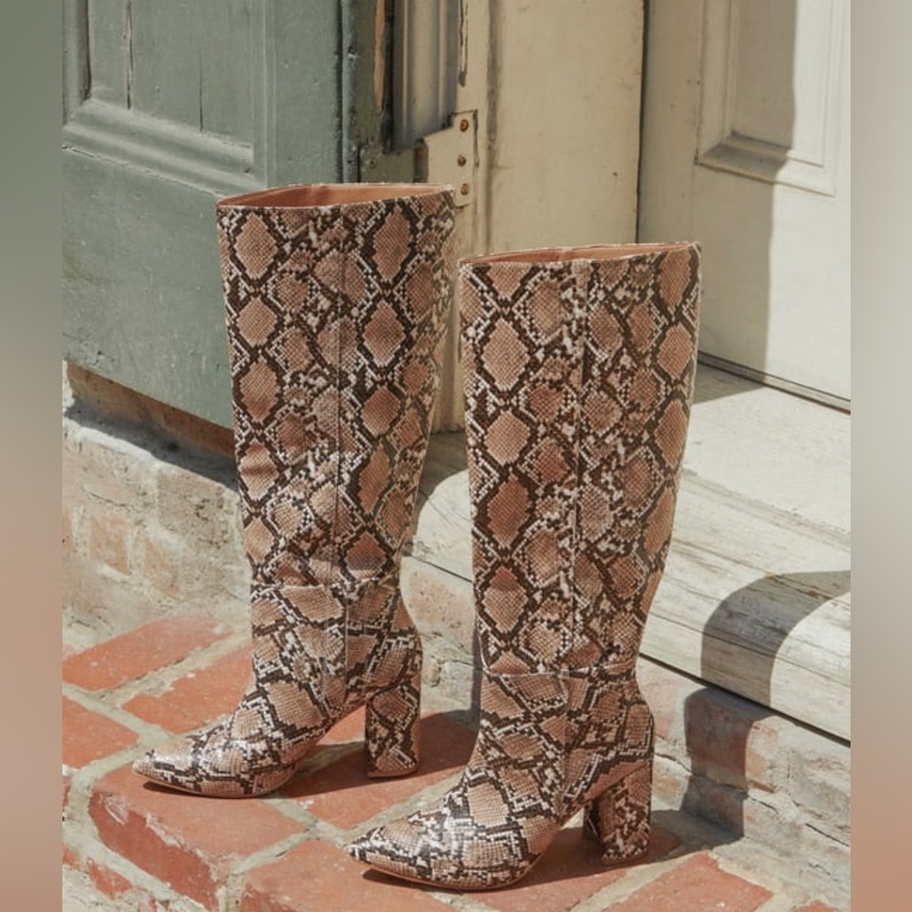Tan Snake Pointed-Toe Knee High Boots